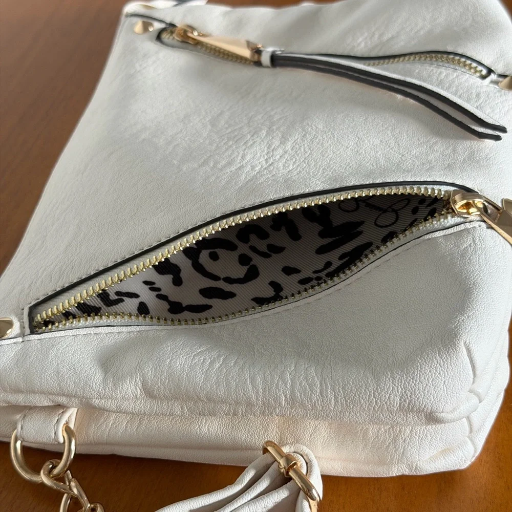 Jessica Simpson White Faux Leather Crossbody with Gold Chain Accents